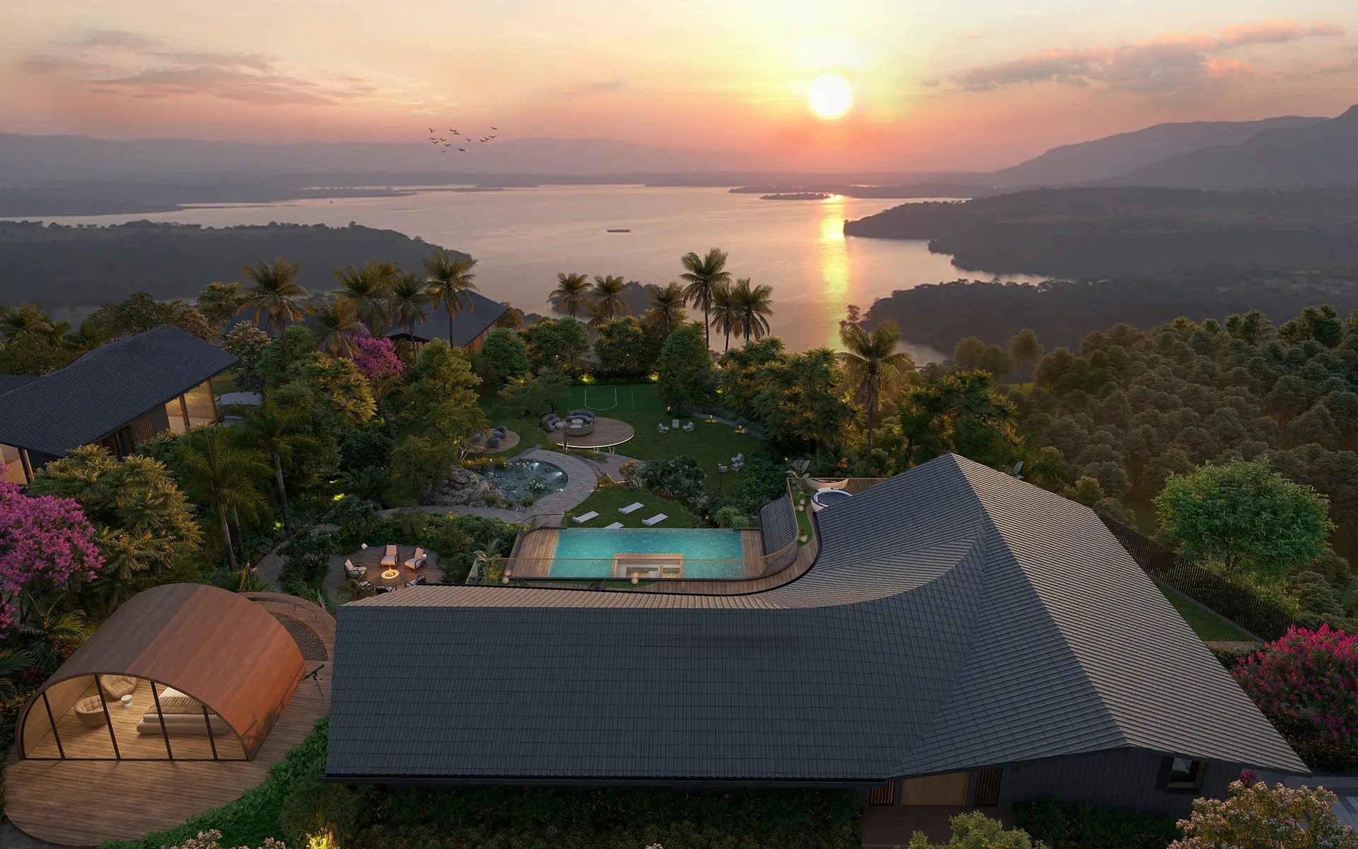 Lake view from the villas at sunset
